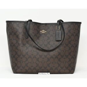 COACH CITY TOTE Brown Signature Canvas Black Leather Straps 5696 $398